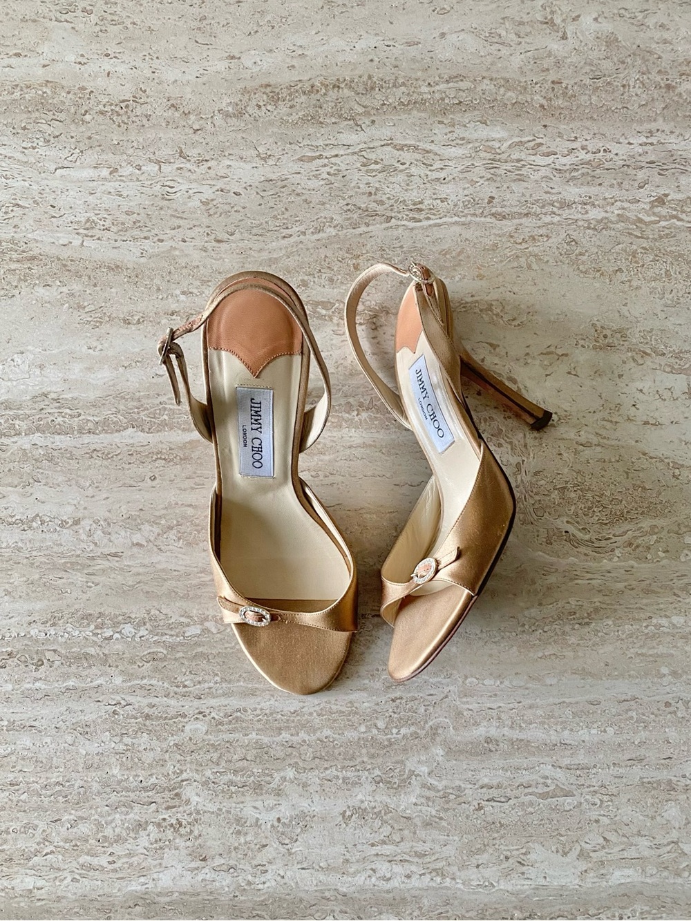 Vintage Jimmy Choo Satin Crystal Buckle Slingback Sandal Heels